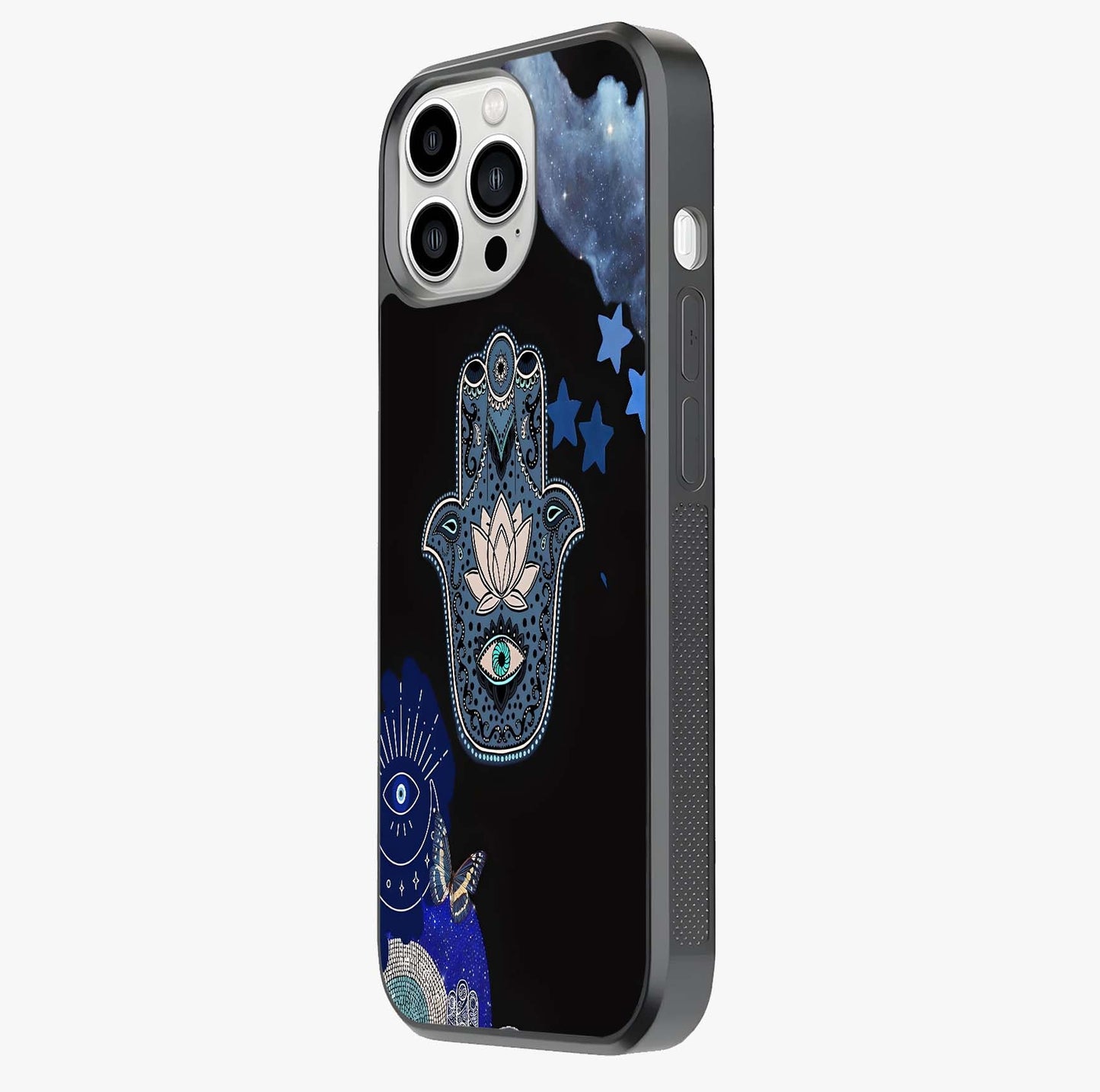 Mystic Hand Aura Glass Case photographed in natural light showing reflective finish and design depth.