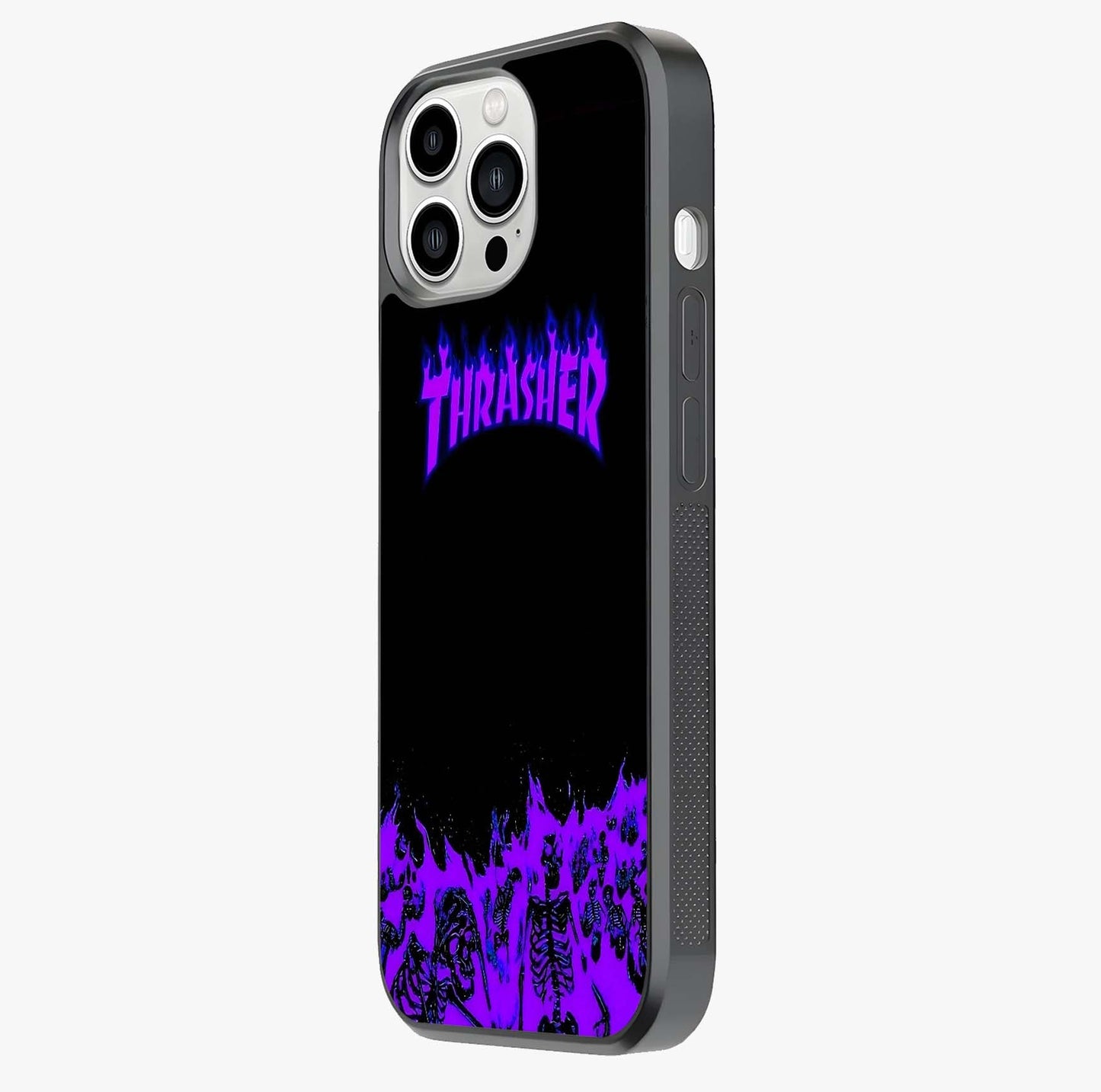 Neon Flame Riot Glass Case photographed in natural light showing reflective finish and design depth.