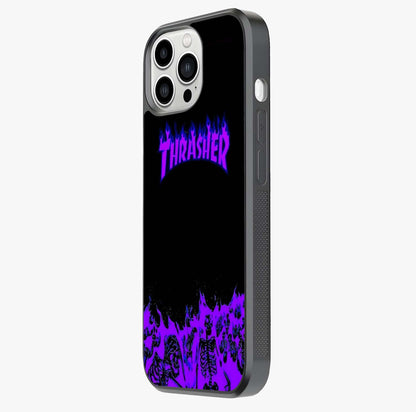 Neon Flame Riot Glass Case photographed in natural light showing reflective finish and design depth.
