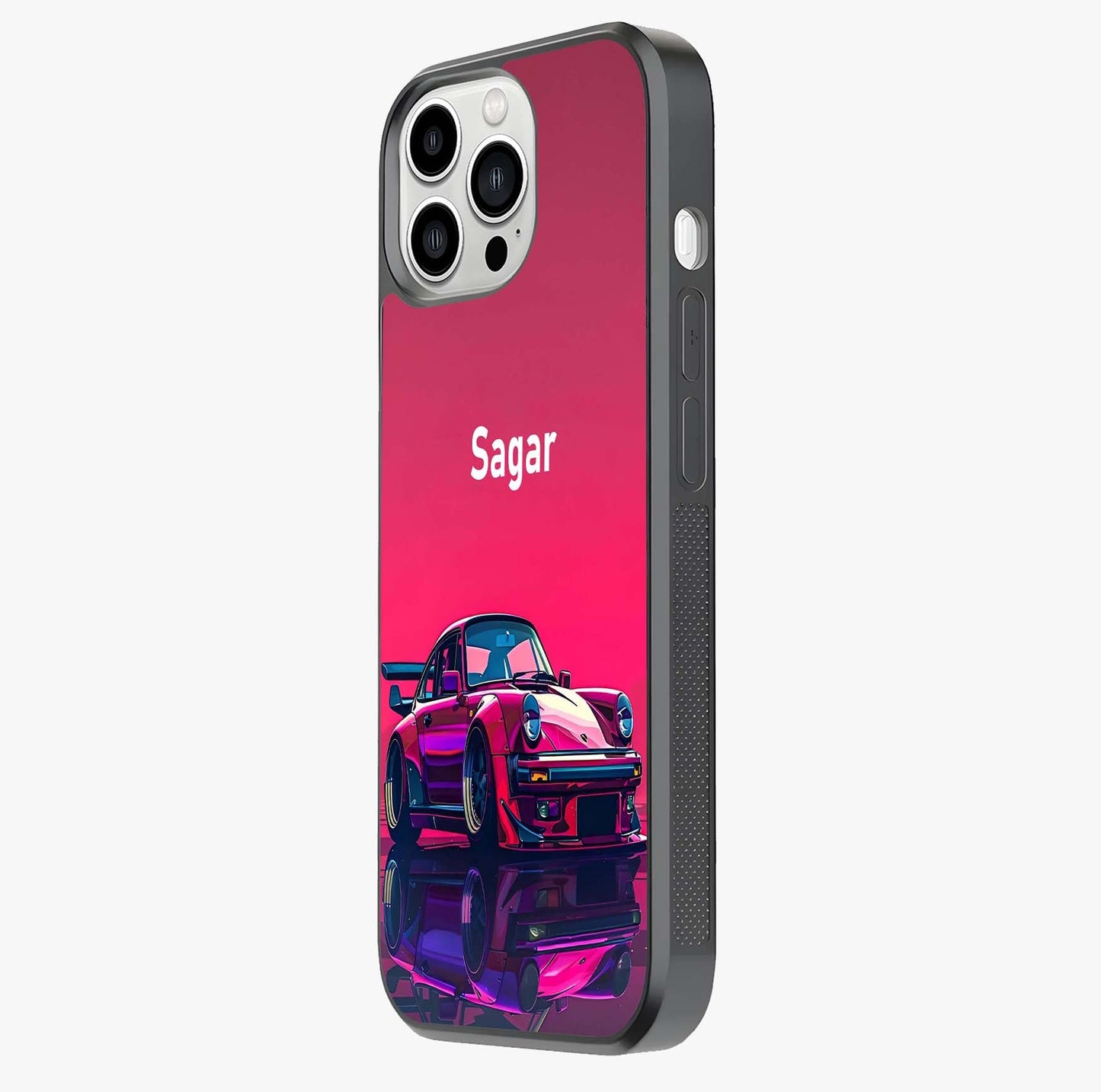 Neon Pink Porsche Glass Case photographed in natural light showing reflective finish and design depth.