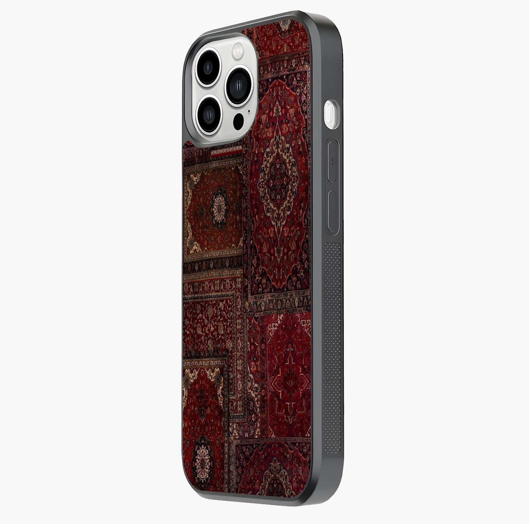 Persian Velvet Tale Glass Case photographed in natural light showing reflective finish and design depth.