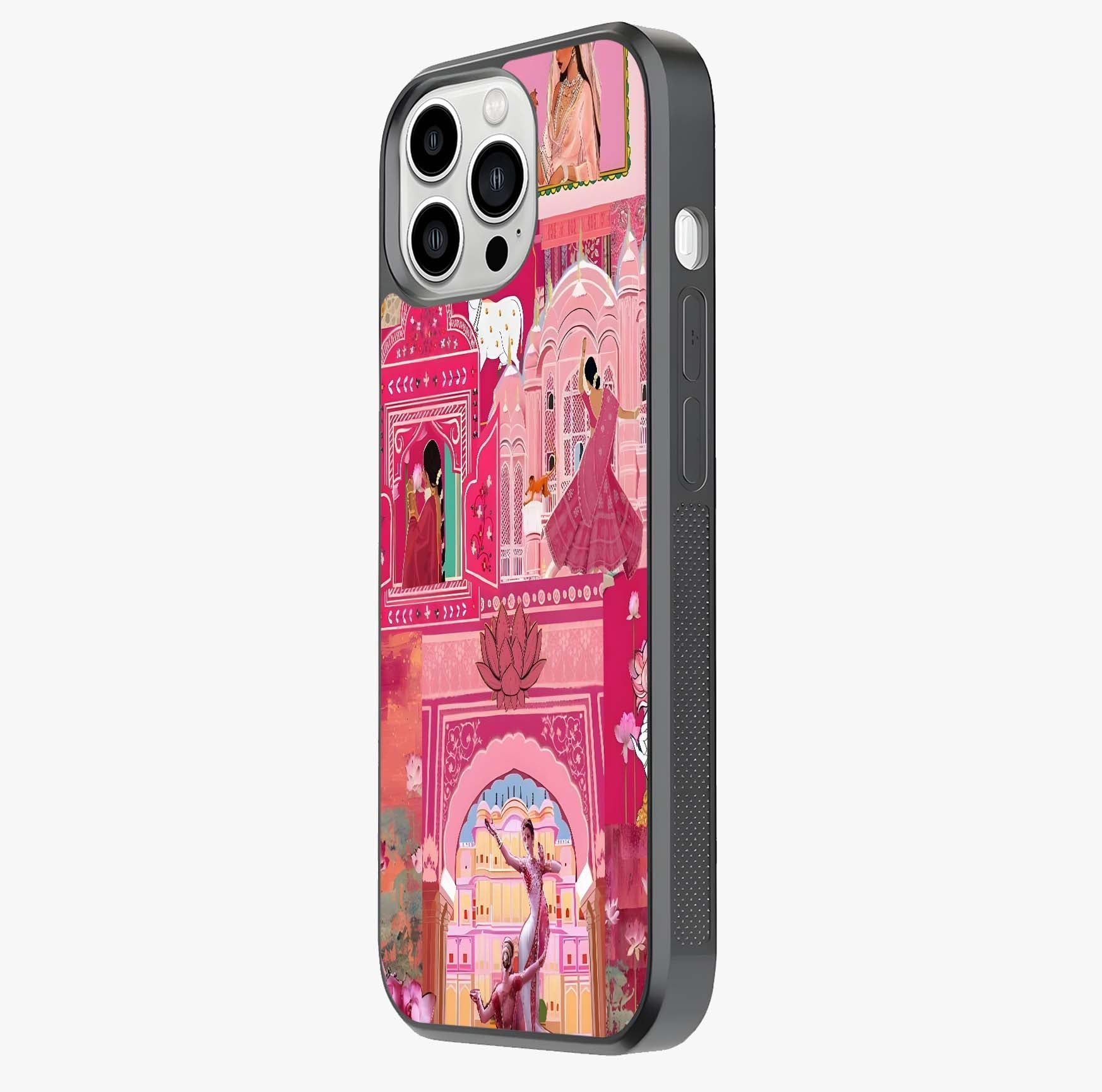 Pink Palace Muse Glass Case photographed in natural light showing reflective finish and design depth.
