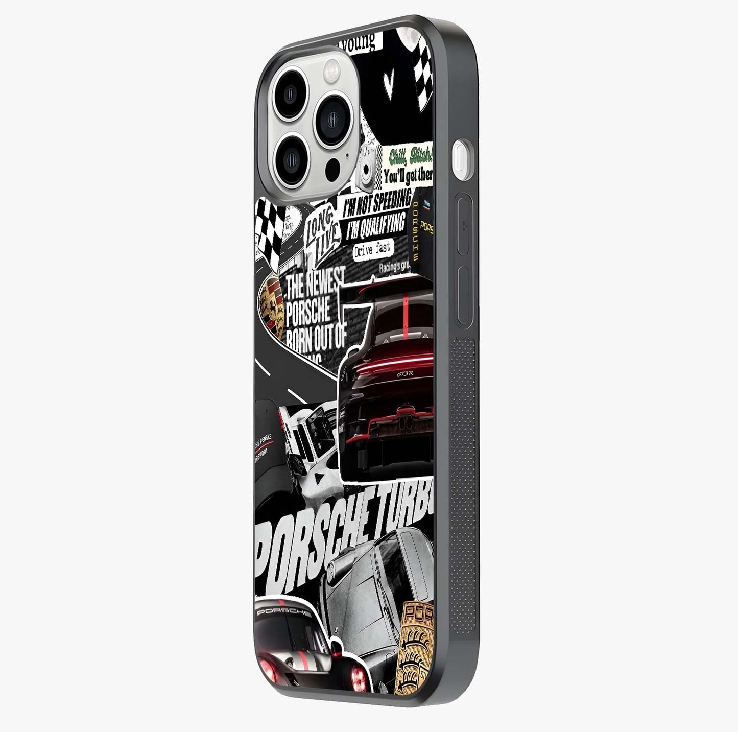 Porsche Racing Collage Glass Case photographed in natural light showing reflective finish and design depth.