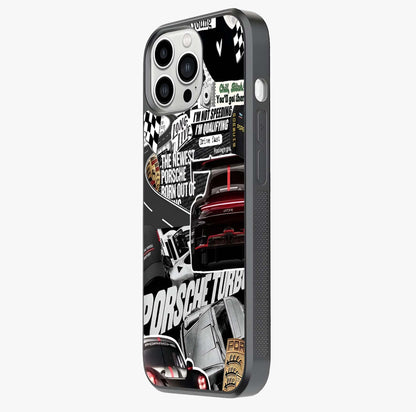 Porsche Racing Collage Glass Case photographed in natural light showing reflective finish and design depth.