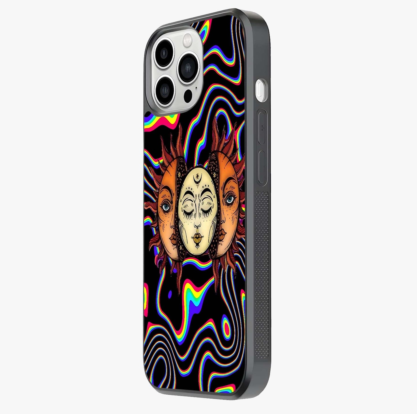 Psychedelic Sun Glass Case photographed in natural light showing reflective finish and design depth.