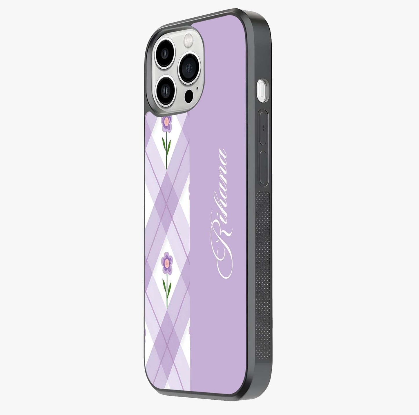 Purple Diamond Floral Glass Case photographed in natural light showing reflective finish and design depth.