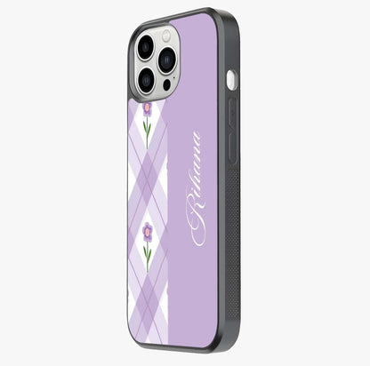 Purple Diamond Floral Glass Case photographed in natural light showing reflective finish and design depth.