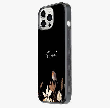 Quiet Garden Tune Custom Name Glass Case photographed in natural light showing reflective finish and design depth.