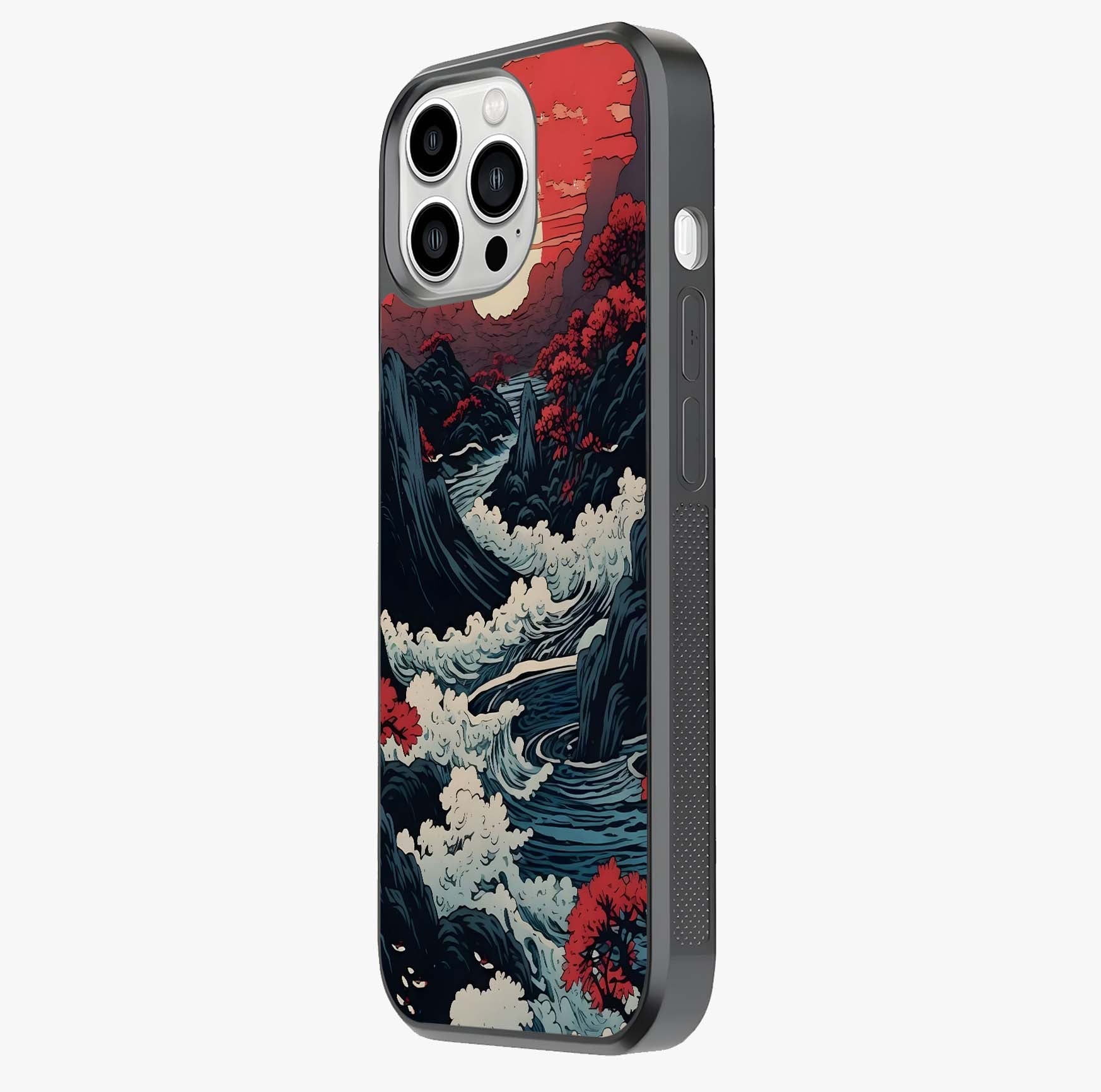 Red Sunset Scenery Glass Case photographed in natural light showing reflective finish and design depth.