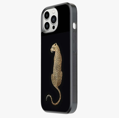 Regal Leopard Glass Case photographed in natural light showing reflective finish and design depth.