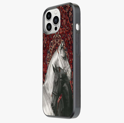 Regal Stallion Tapestry Glass Case photographed in natural light showing reflective finish and design depth.