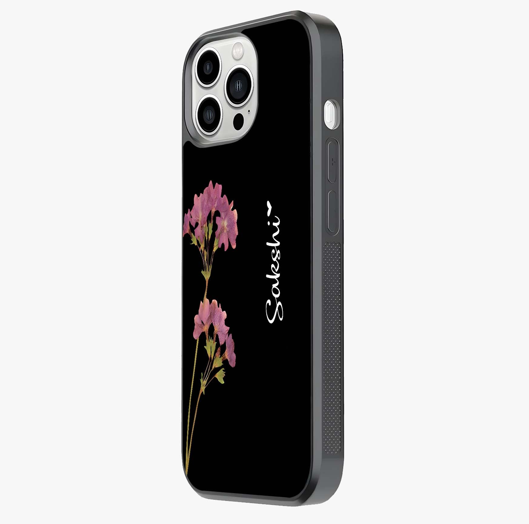 Riching Lavender Flower Custom Name Glass Case photographed in natural light showing reflective finish and design depth.