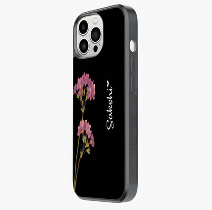 Riching Lavender Flower Custom Name Glass Case photographed in natural light showing reflective finish and design depth.
