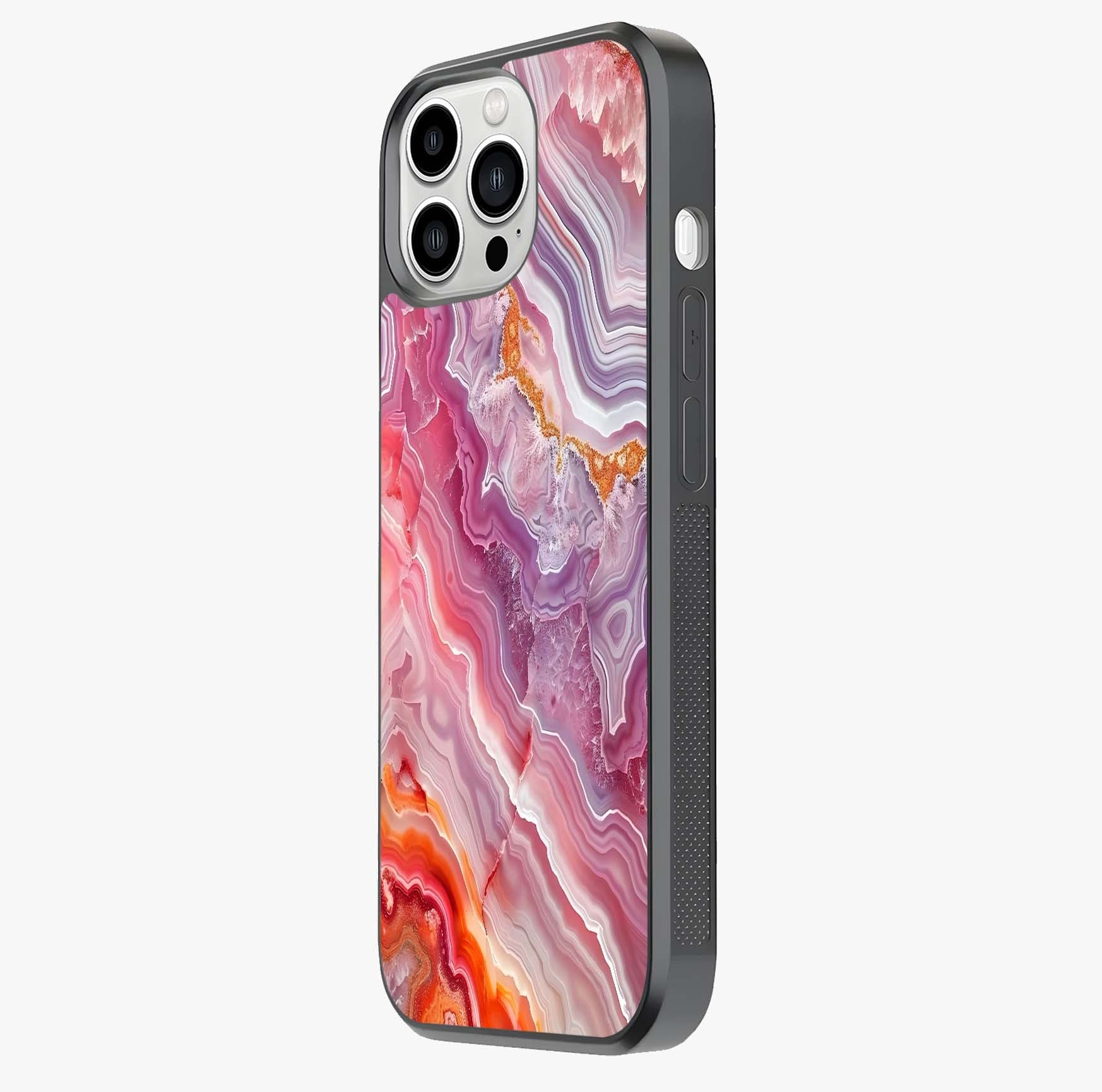 Rose Quartz Marble Glass Case photographed in natural light showing reflective finish and design depth.