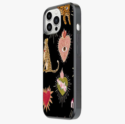Sacred Jungle Heart Glass Case photographed in natural light showing reflective finish and design depth.