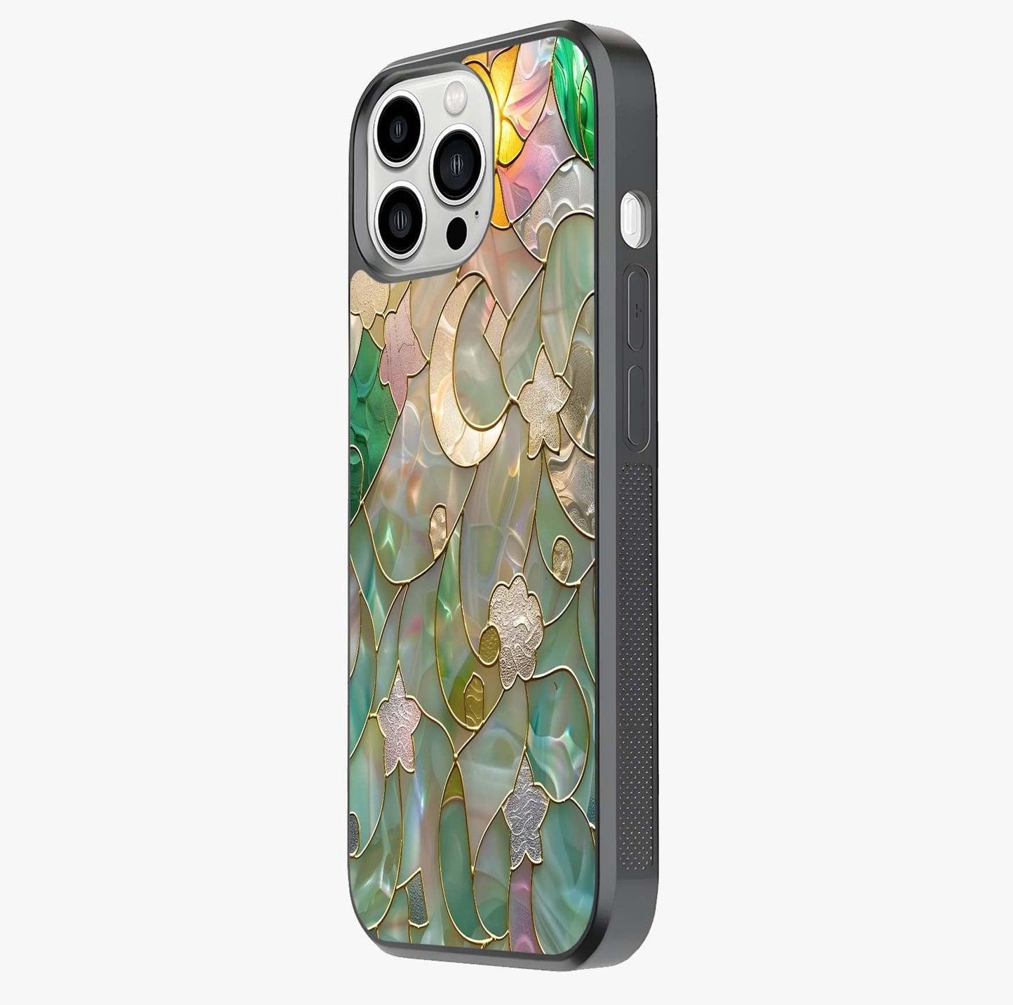 Stained Sunrise Glow Glass Case photographed in natural light showing reflective finish and design depth.