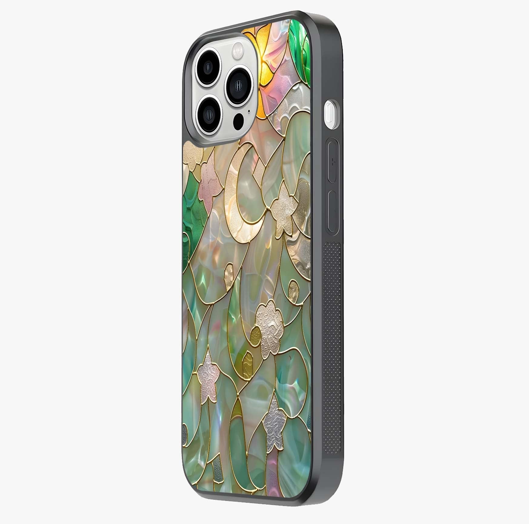 Stained Sunrise Glow Glass Case photographed in natural light showing reflective finish and design depth.