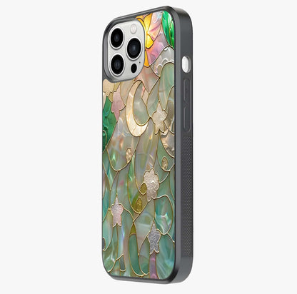 Stained Sunrise Glow Glass Case photographed in natural light showing reflective finish and design depth.