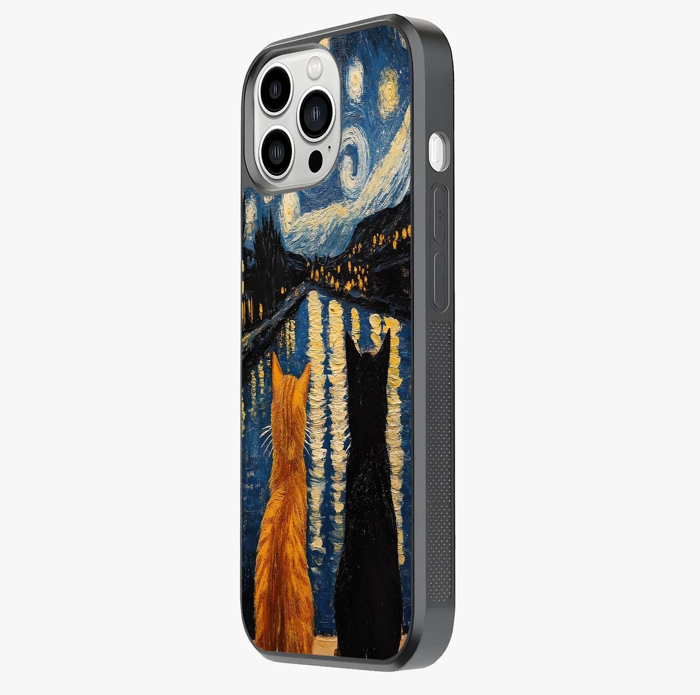 Starry River Cats Glass Case photographed in natural light showing reflective finish and design depth.