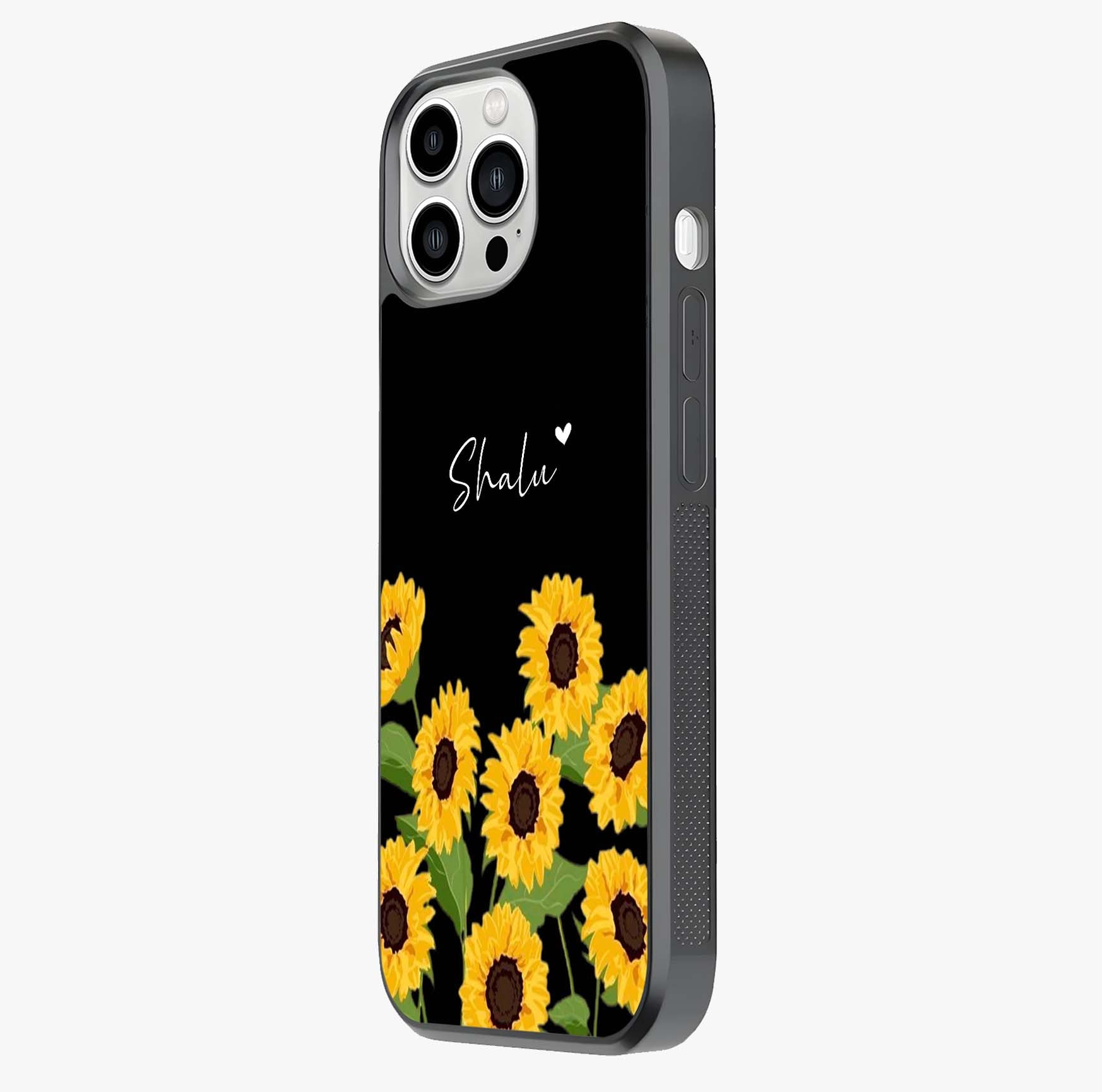 Sunflower Chic Mood Custom Name Glass Case photographed in natural light showing reflective finish and design depth.