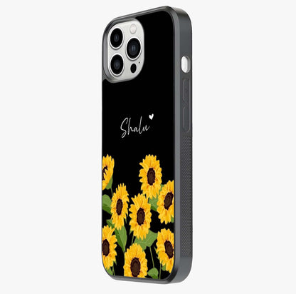 Sunflower Chic Mood Custom Name Glass Case photographed in natural light showing reflective finish and design depth.
