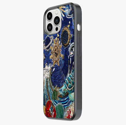 Universe Underwater Spark Glass Case photographed in natural light showing reflective finish and design depth.