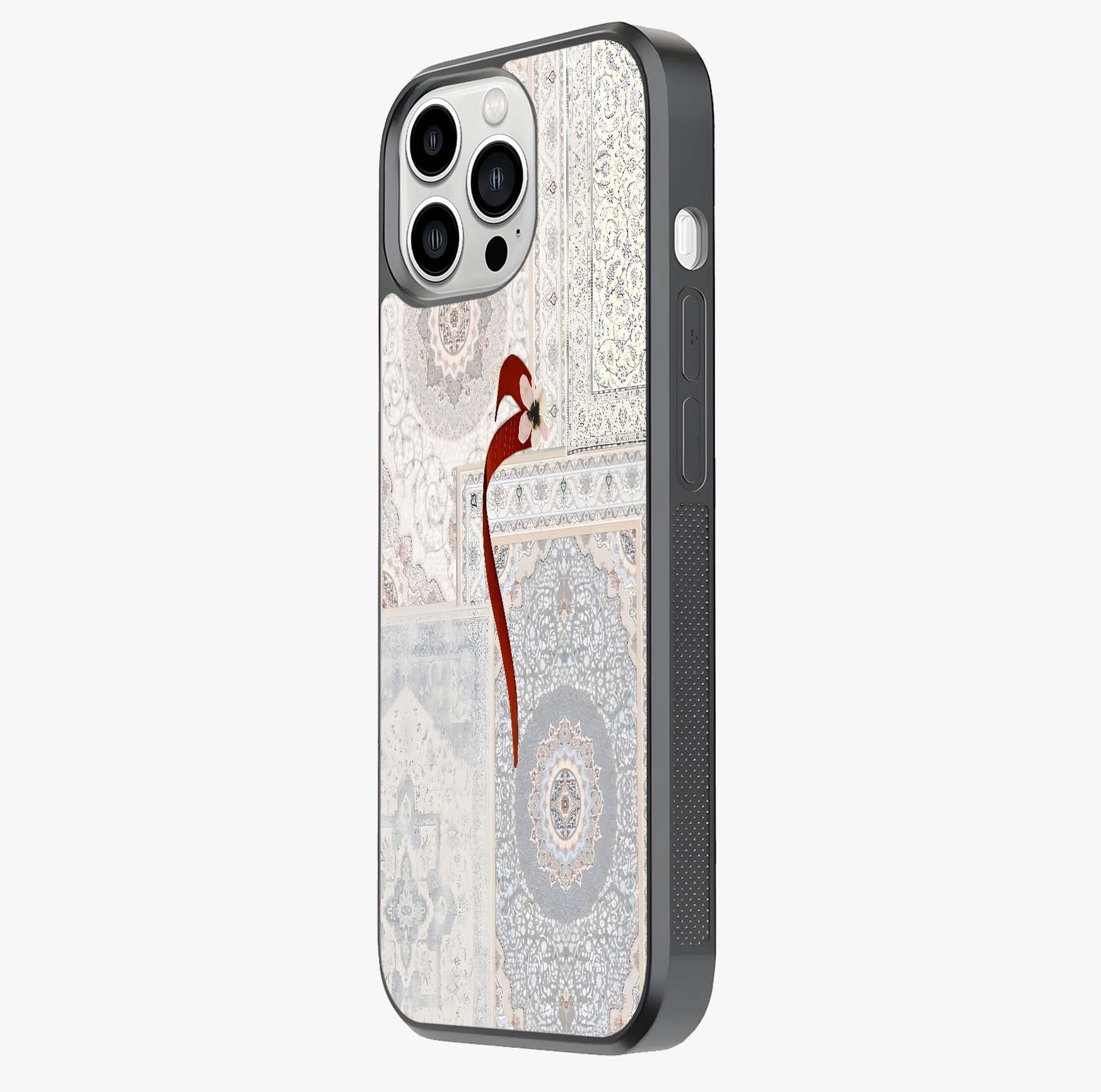 White Aesthetic Bow Glass Case photographed in natural light showing reflective finish and design depth.