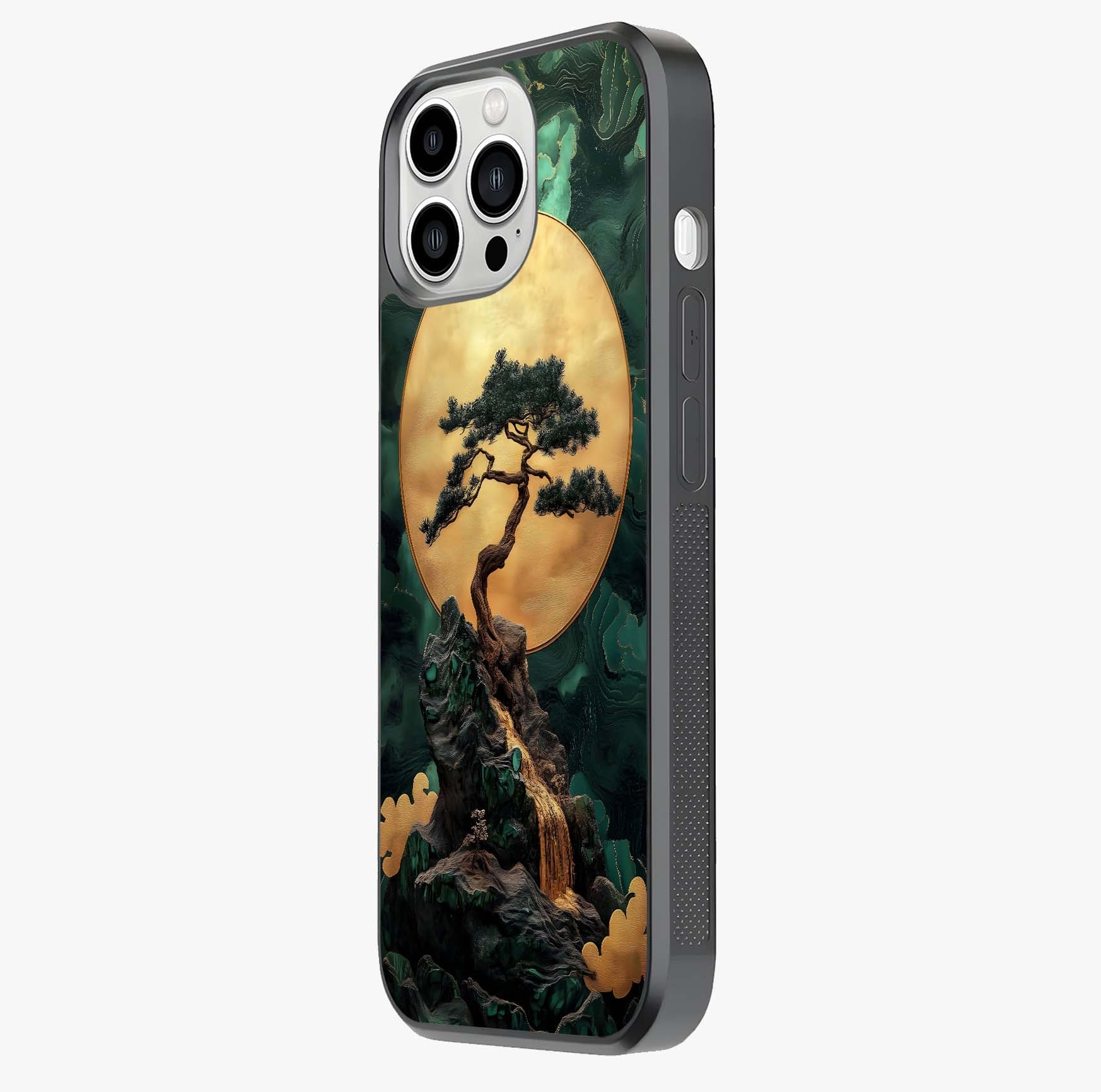 Zen Moon Rise Glass Case photographed in natural light showing reflective finish and design depth