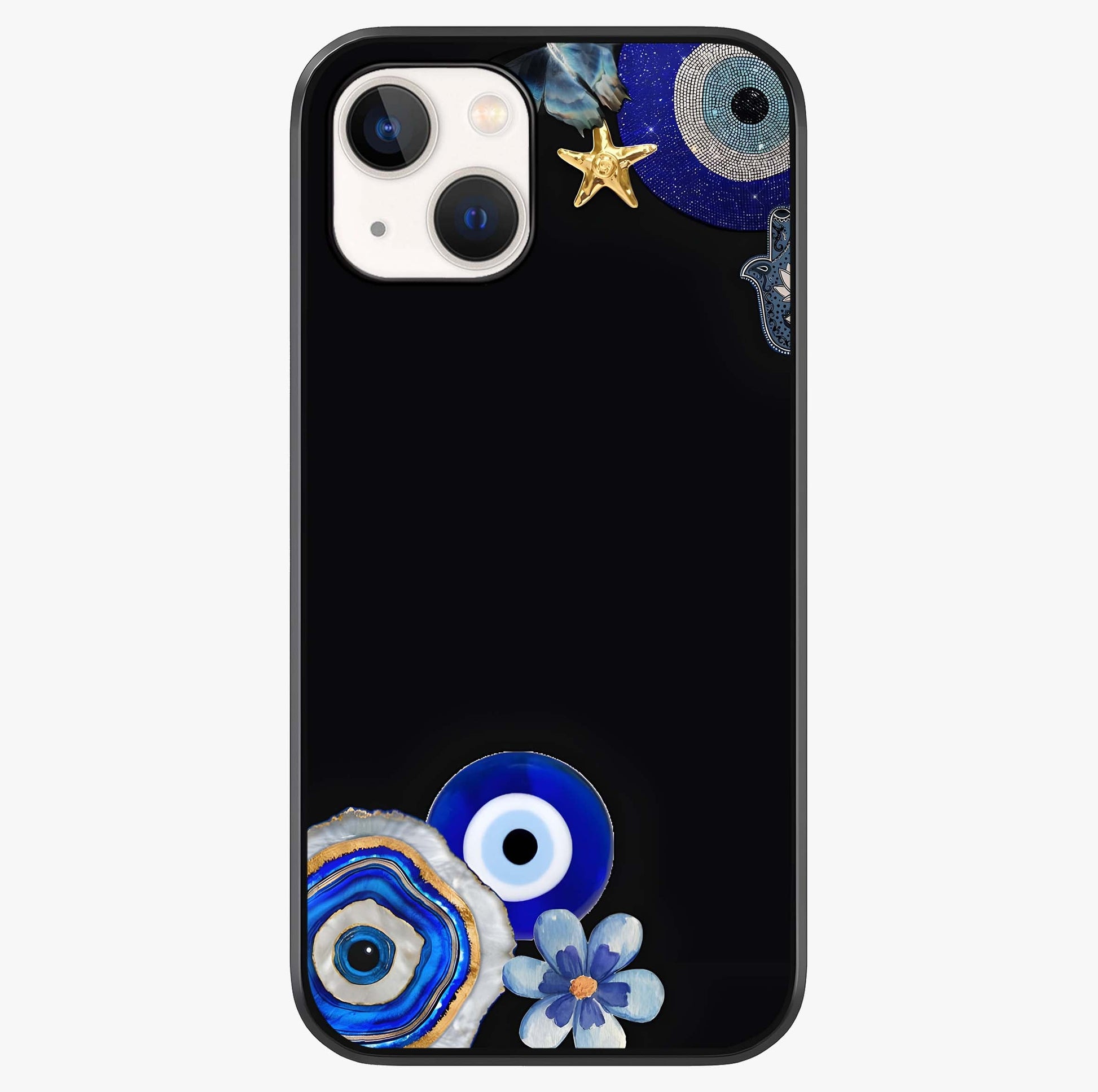 Aesthetic Blue Evil Eye Glass Case showing full back design in clean flat view with glossy glass finish.