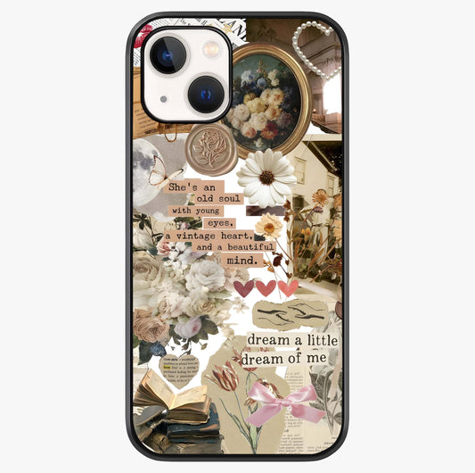 Aesthetic Brown Vintage Collage Glass Case showing full back design in clean flat view with glossy glass finish.