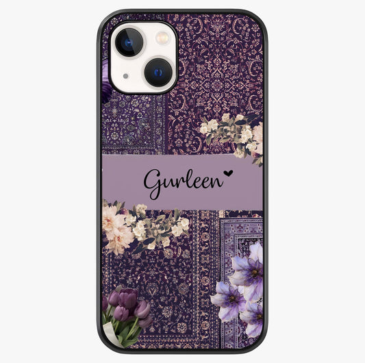 Antique Floral Whisper Custom Name Glass Case showing full back design in clean flat view with glossy glass finish.