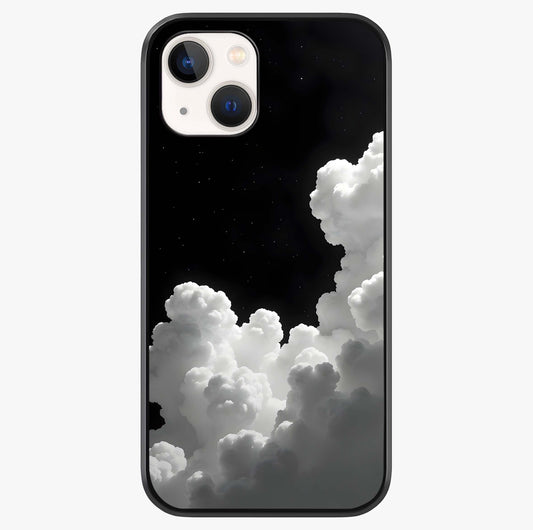 Black Background With White Cloud Glass Case showing full back design in clean flat view with glossy glass finish.