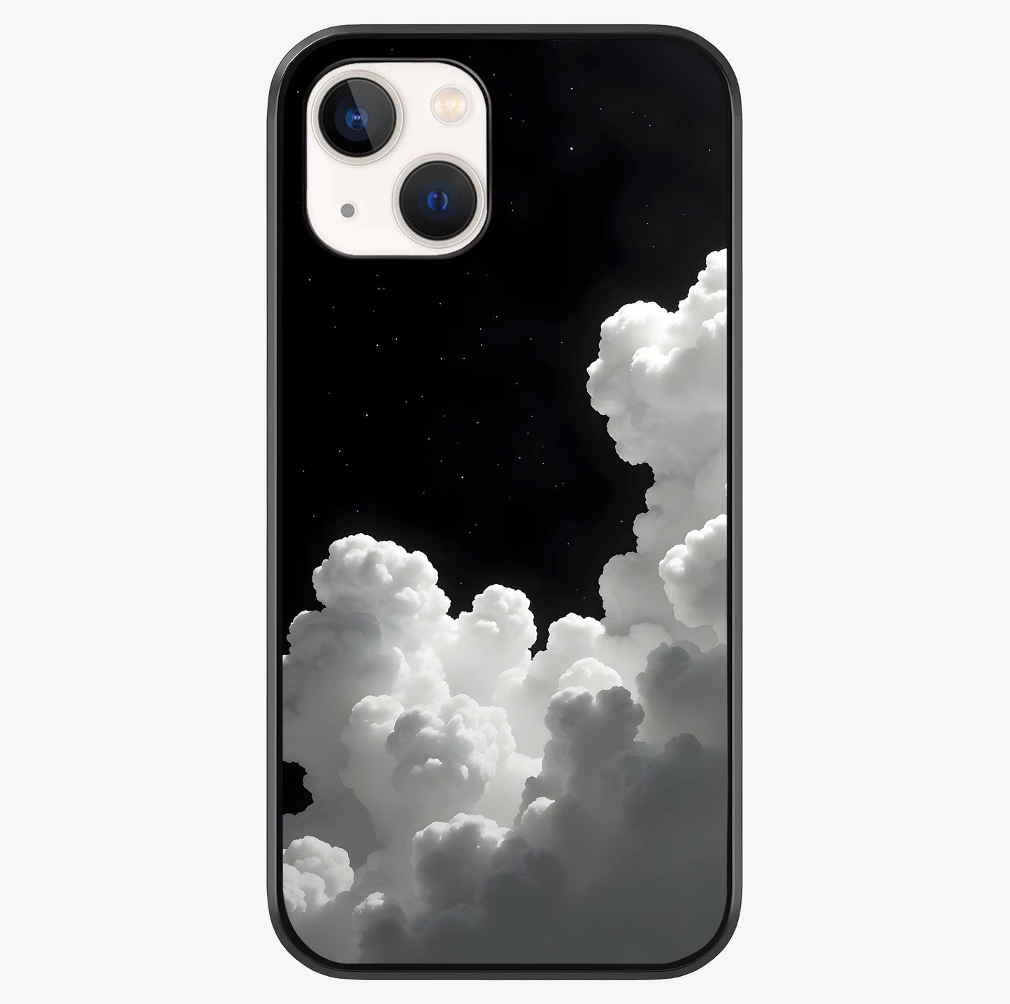 Black Background With White Cloud Glass Case showing full back design in clean flat view with glossy glass finish.