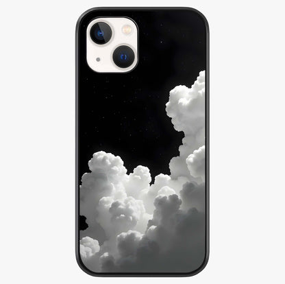 Black Background With White Cloud Glass Case showing full back design in clean flat view with glossy glass finish.