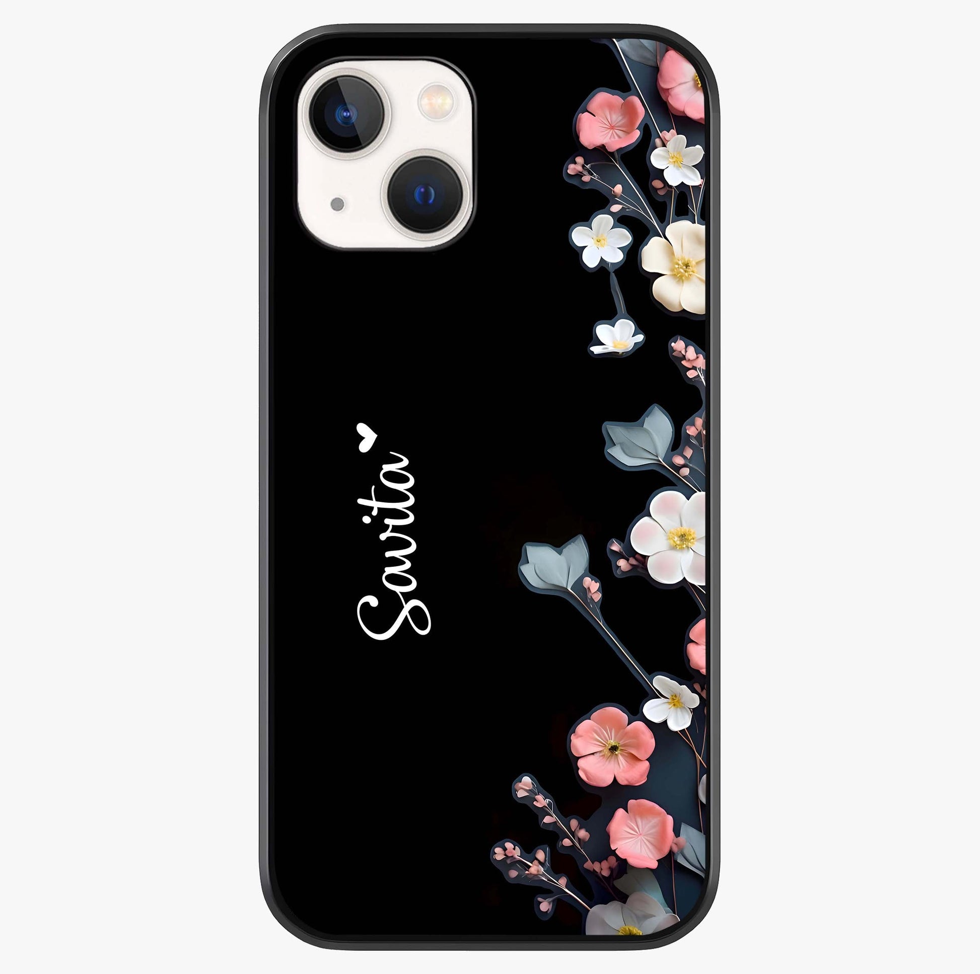 Black Elegance Floral Custom Name Glass Case showing full back design in clean flat view with glossy glass finish.