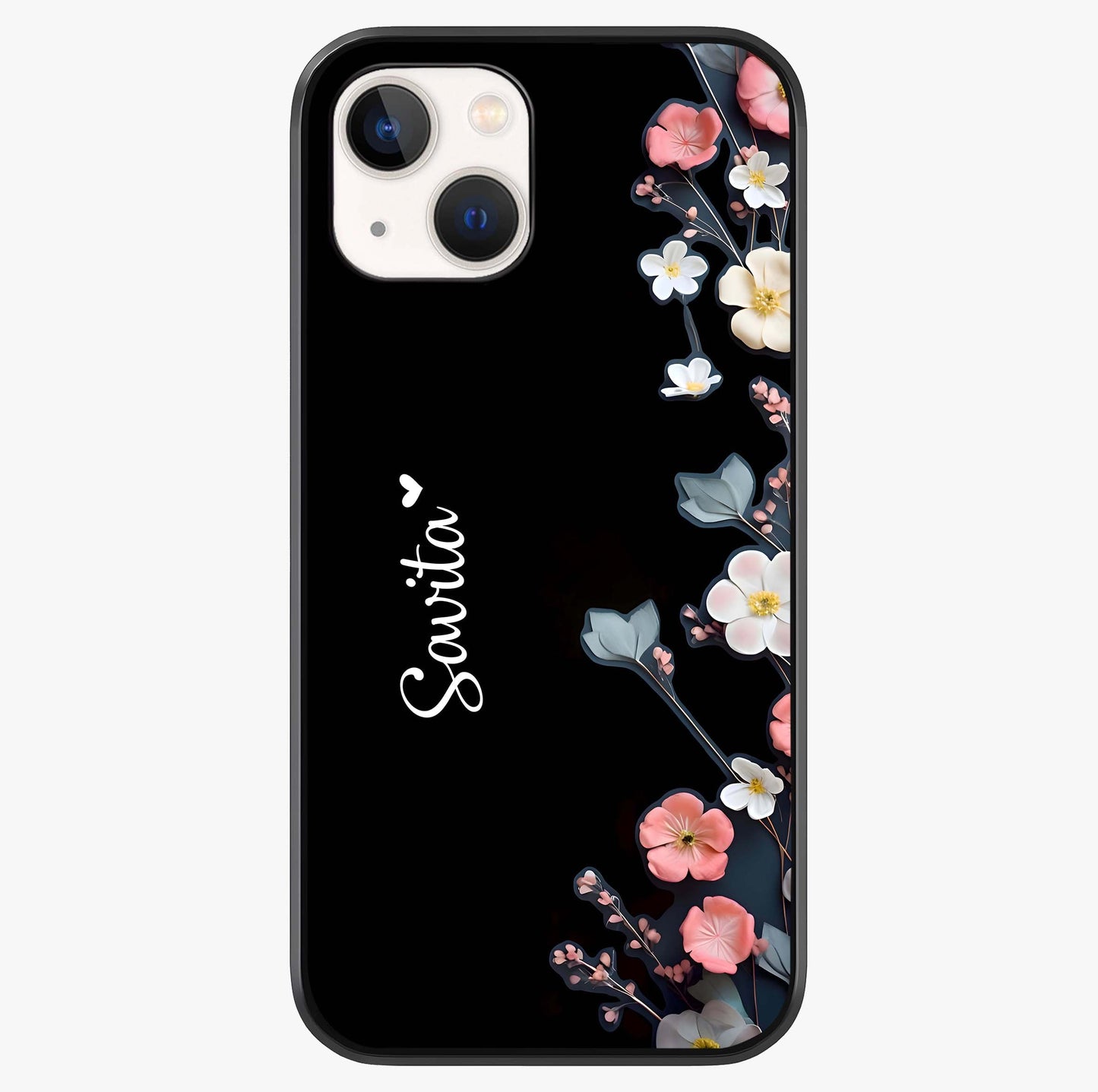 Black Elegance Floral Custom Name Glass Case showing full back design in clean flat view with glossy glass finish.