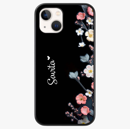 Black Elegance Floral Custom Name Glass Case showing full back design in clean flat view with glossy glass finish.