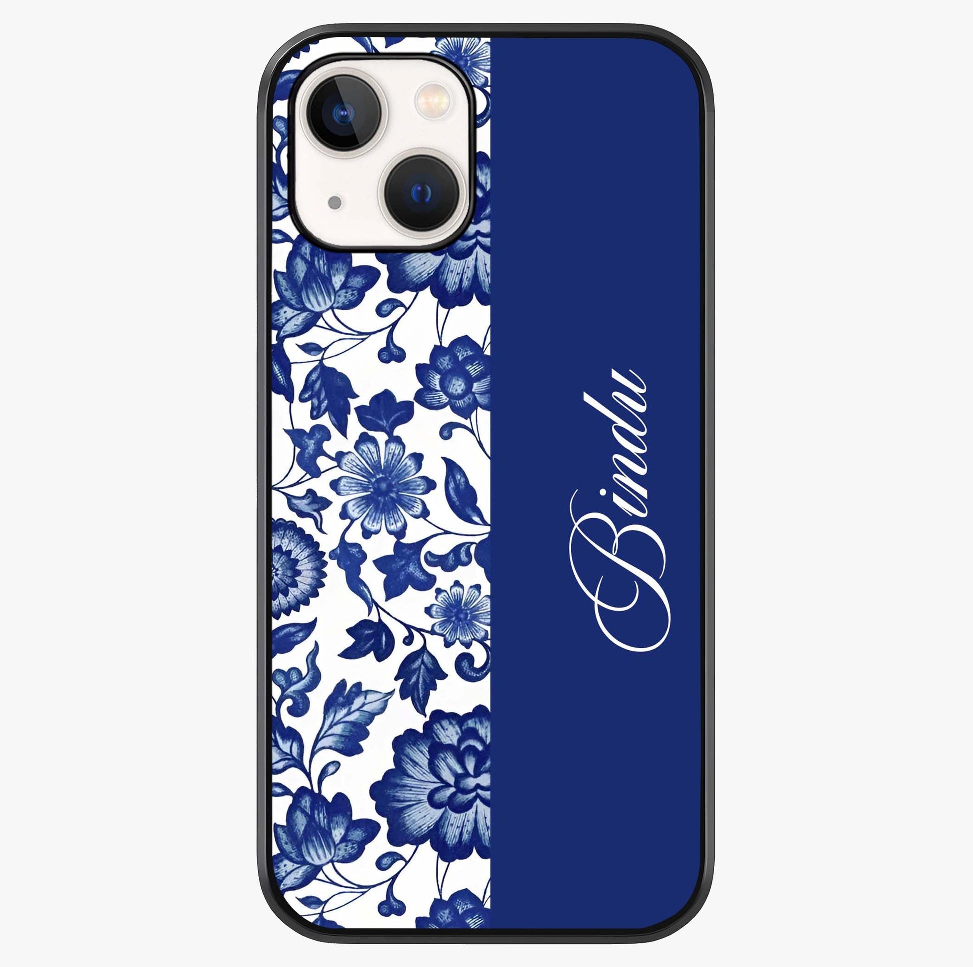 Blue Vintage Floral Pattern Glass Case showing full back design in clean flat view with glossy glass finish.