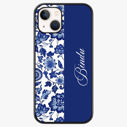 Blue Vintage Floral Pattern Glass Case showing full back design in clean flat view with glossy glass finish.