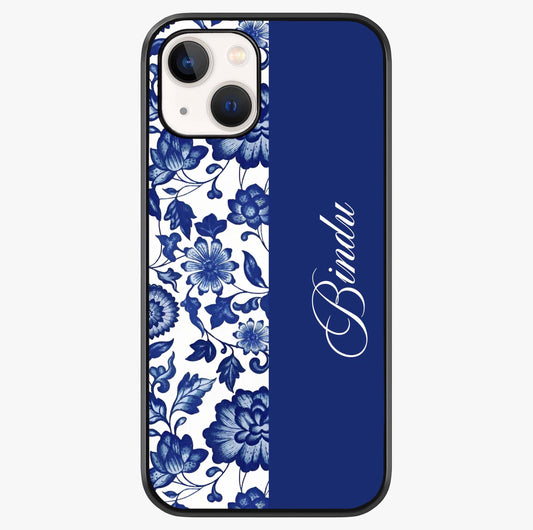 Blue Vintage Floral Pattern Glass Case showing full back design in clean flat view with glossy glass finish.