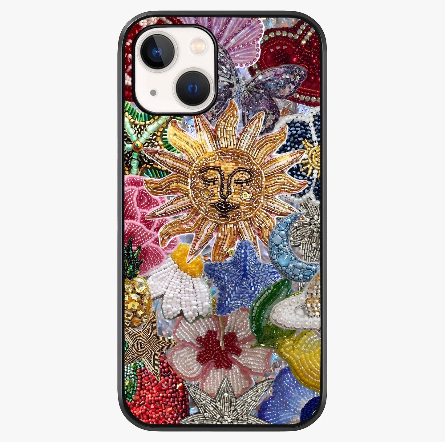 Celestial Floral And Playful Glass Case showing full back design in clean flat view with glossy glass finish.