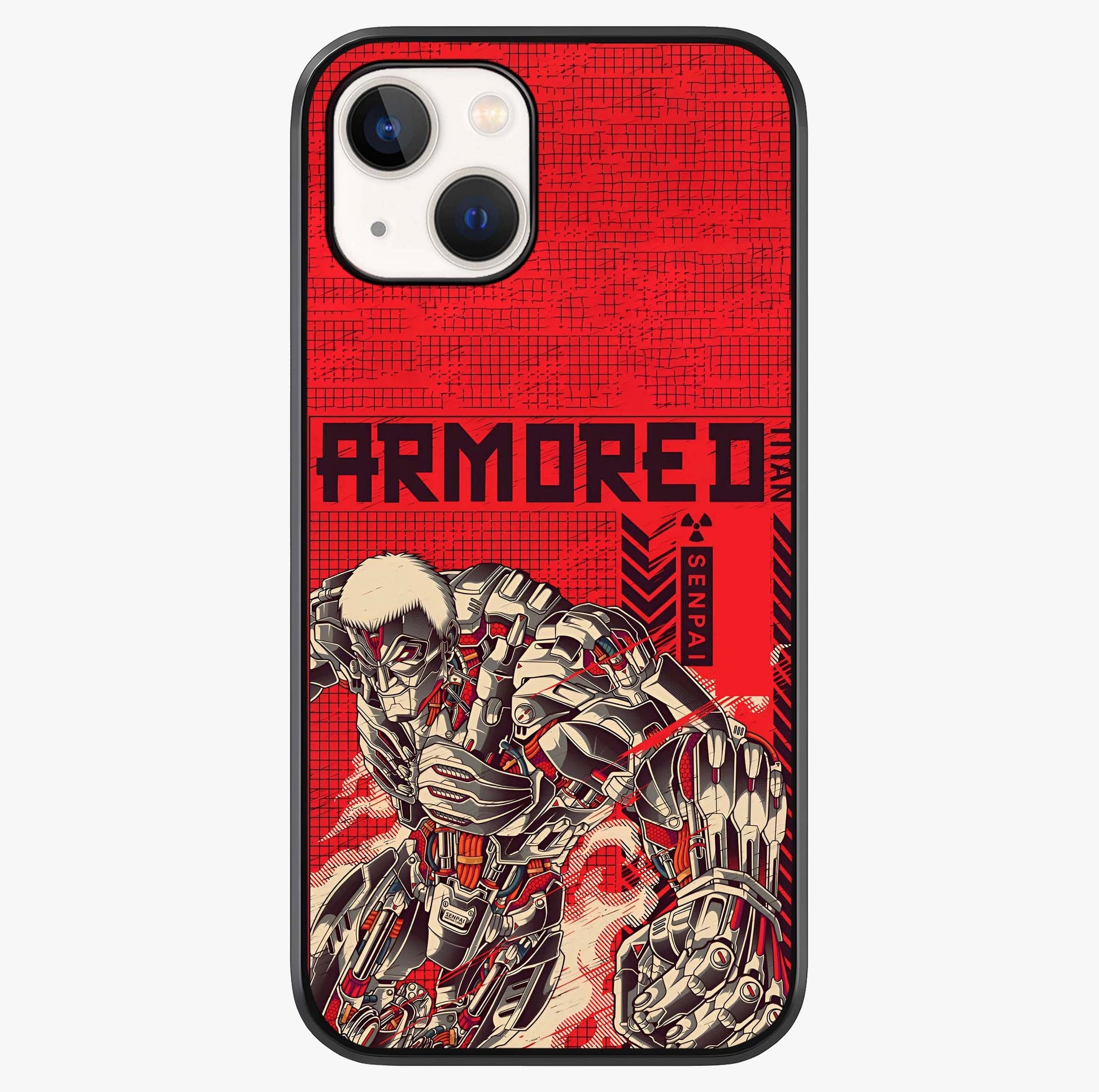 Crimson Mecha Titan Glass Case showing full back design in clean flat view with glossy glass finish.