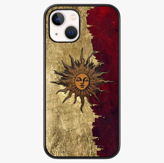 Crimson Sun Majesty Glass Case showing full back design in clean flat view with glossy glass finish.