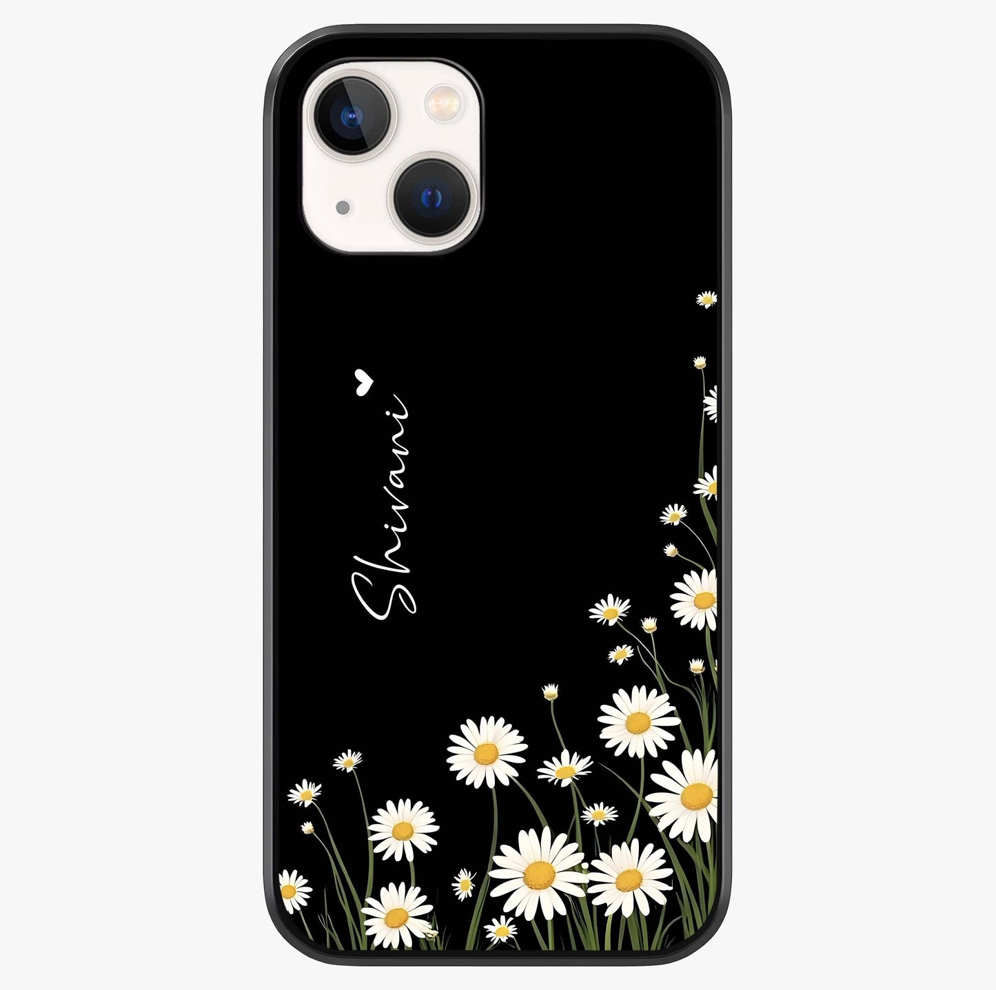Daisy Cascade Custom Name Glass Case showing full back design in clean flat view with glossy glass finish.
