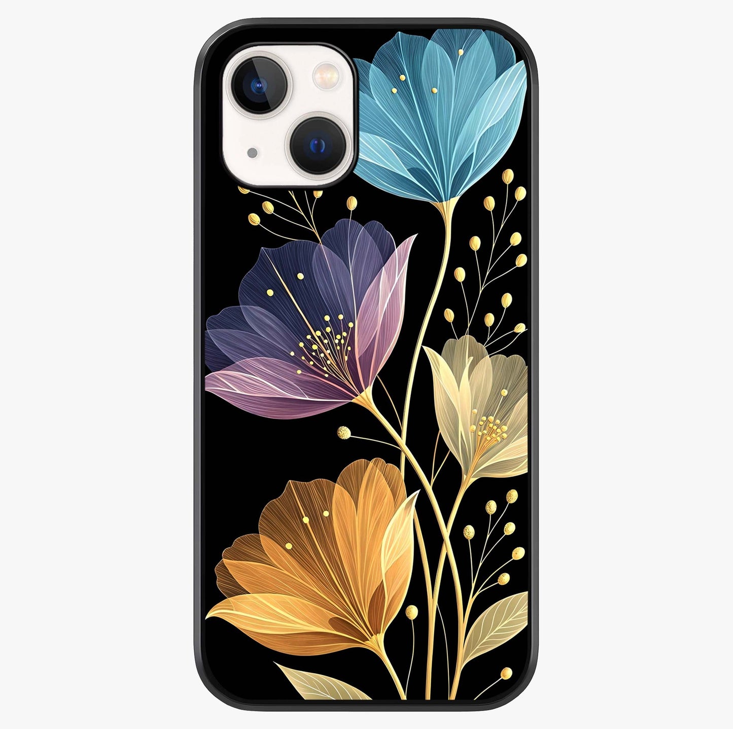 Delicate Multicolor Flowers Glass Case showing full back design in clean flat view with glossy glass finish.