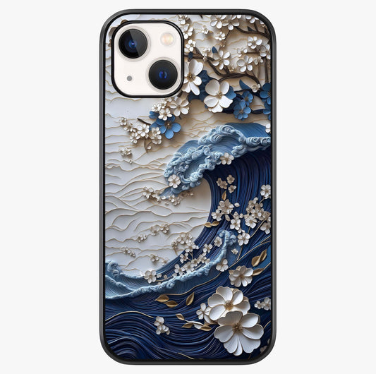 Floral Wave Origami Glass Case showing full back design in clean flat view with glossy glass finish.