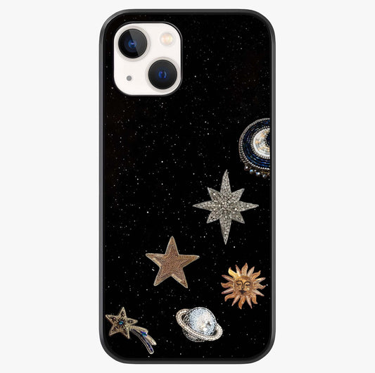 Galactic Charm Glow Glass Case showing full back design in clean flat view with glossy glass finish.