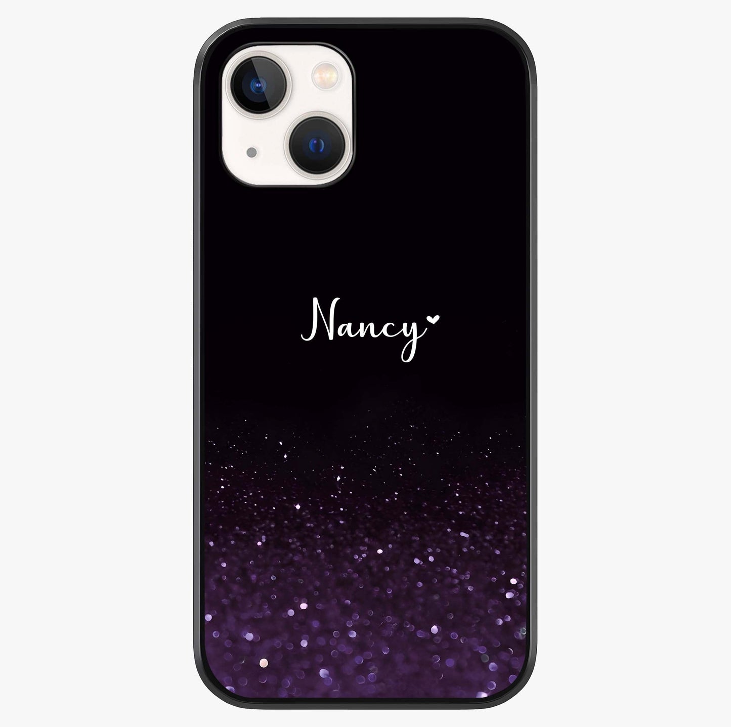Glittery Purple Bokeh Custom Name Glass Case showing full back design in clean flat view with glossy glass finish.