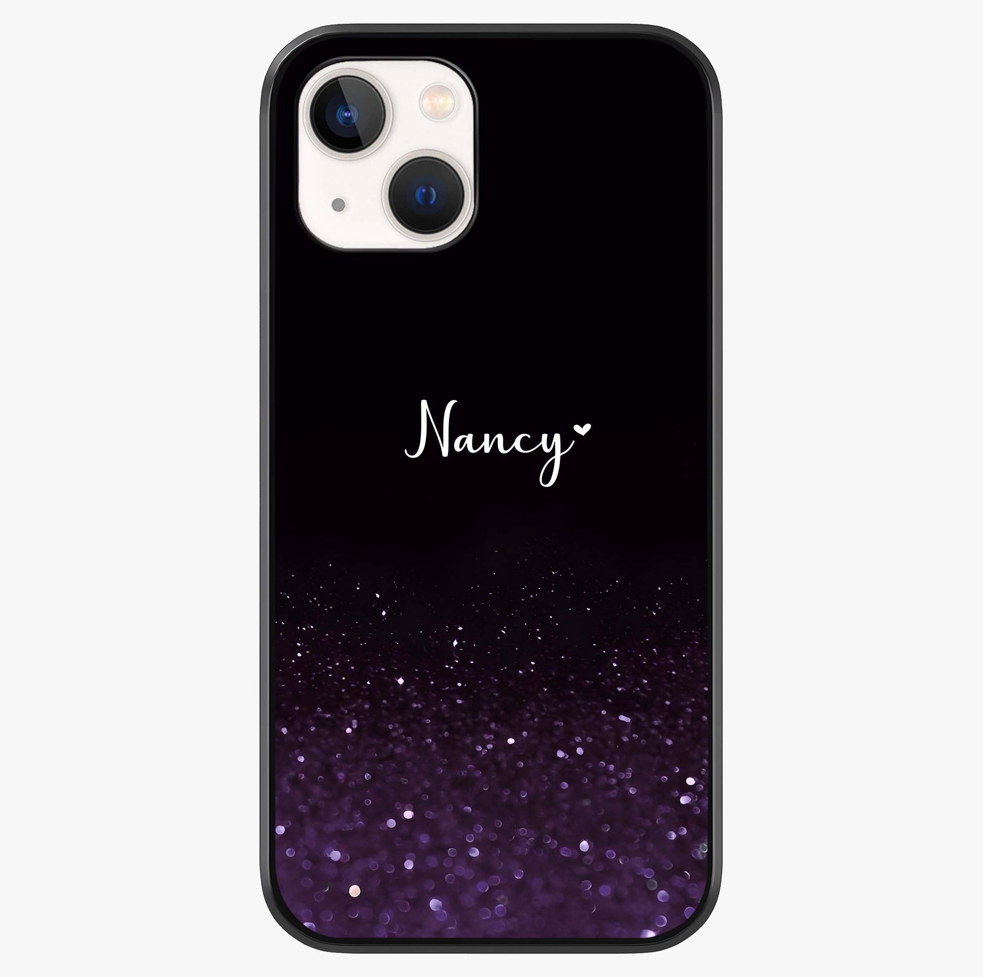 Glittery Purple Bokeh Custom Name Glass Case showing full back design in clean flat view with glossy glass finish.