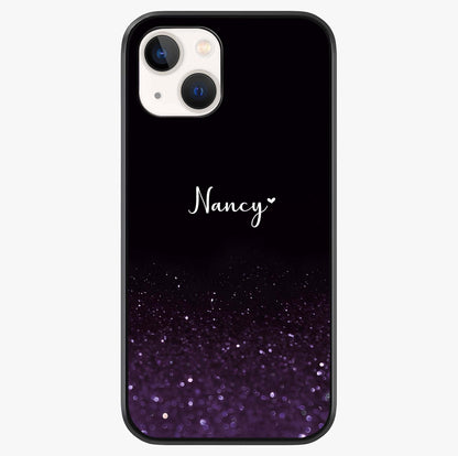 Glittery Purple Bokeh Custom Name Glass Case showing full back design in clean flat view with glossy glass finish.